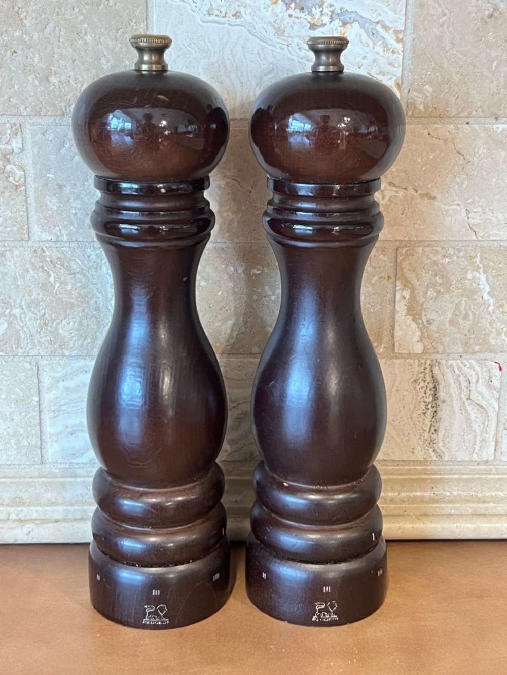 Peugeot Dark Brown Wooden Pepper and Salt Mills - Pair, Used condition